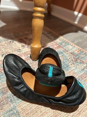Tieks Black Leather Flats with Teal Accent Tabs